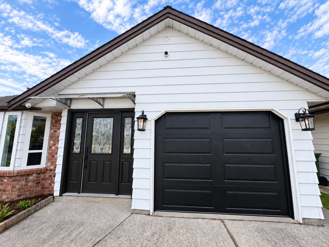 Completed black Hörmann Clima Tech 4400 garage door at a residential property