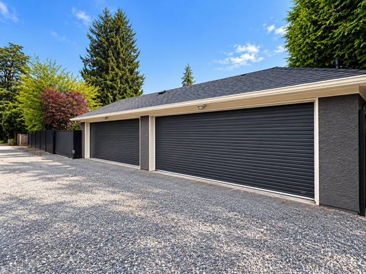 Dark residential rolling garage doors installed on a detached garage in Metro Vancouver