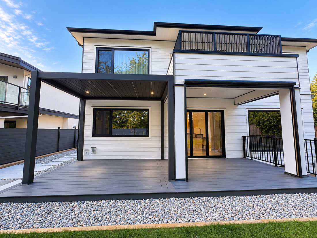 Dark aluminum louvered pergola and covered rear terrace at a North Vancouver residence; AI-assisted project visualization