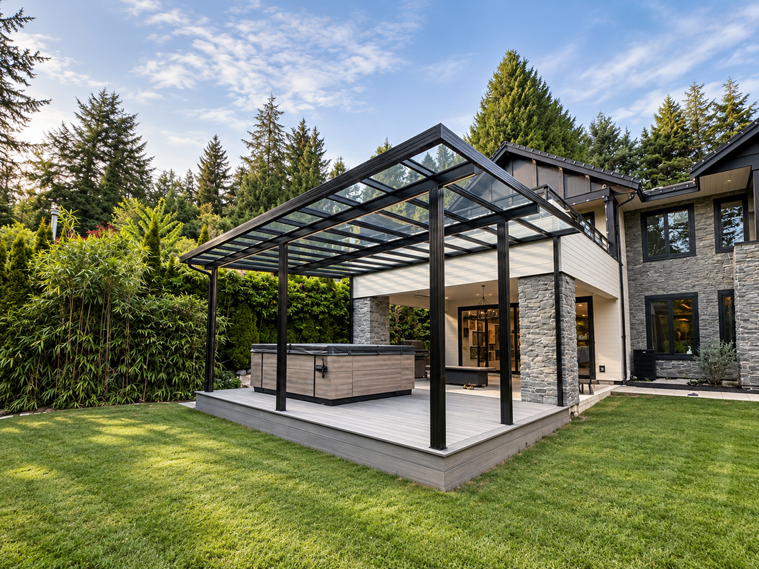 Retractable exterior screens integrated with a covered patio at a West Vancouver residence
