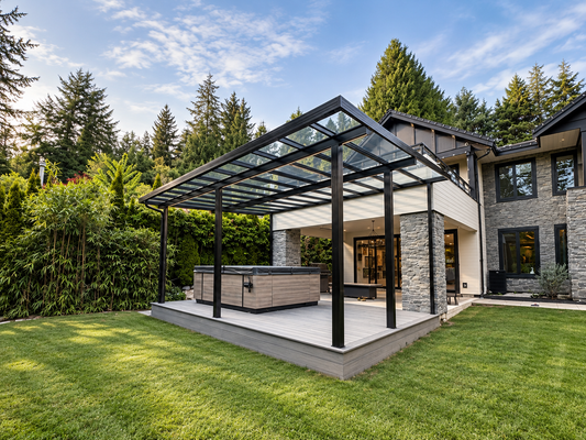Retractable exterior screens integrated with a covered patio at a West Vancouver residence