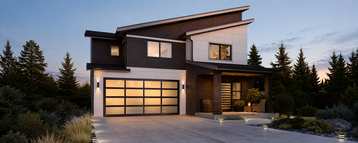 Complete contemporary garage door, track and operator system