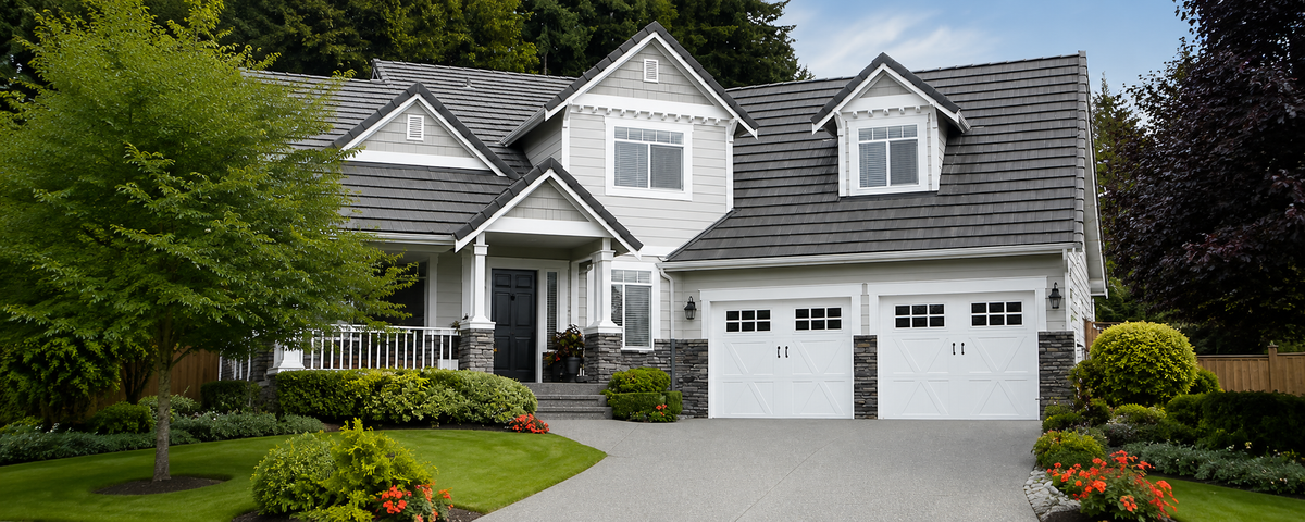 Finished carriage house garage door with modern overhead operation