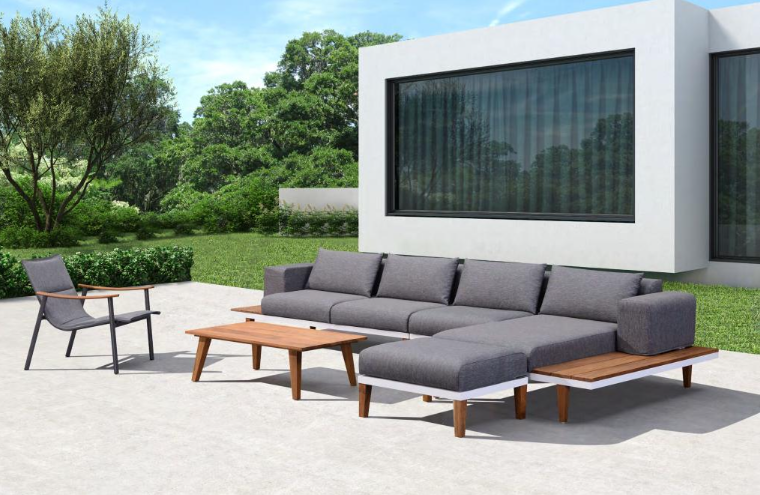 Weather-resistant outdoor sofa set with waterproof cushions on a modern patio.